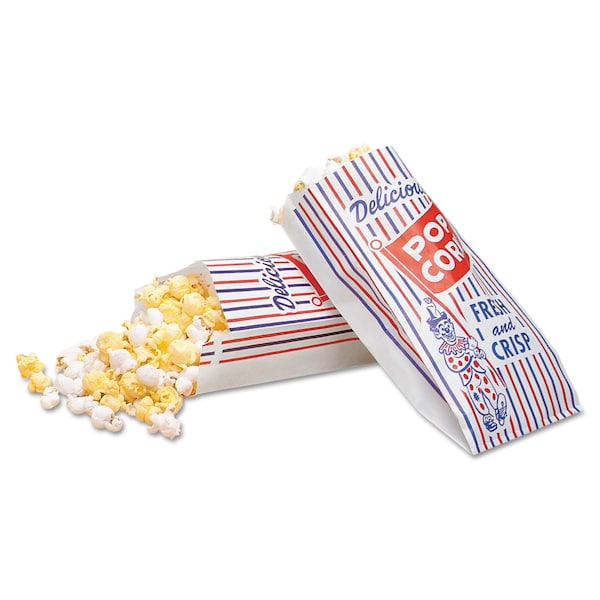Bagcraft Pinch-Bottom Paper Popcorn Bag, 4w x 1.5d x 8h, Blue/Red/White, PK1000 - 300471