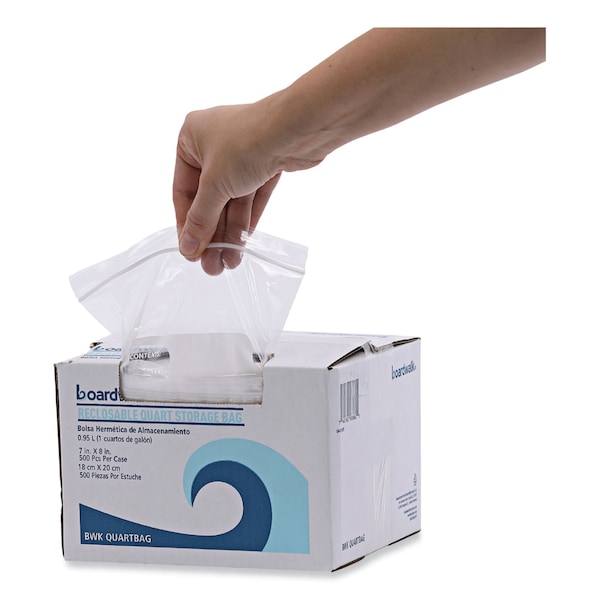 Boardwalk Reclosable Food Storage Bags, 1 qt, 1.75 mil, 7" x 8", Clear, PK500 - BWKQUARTBAG