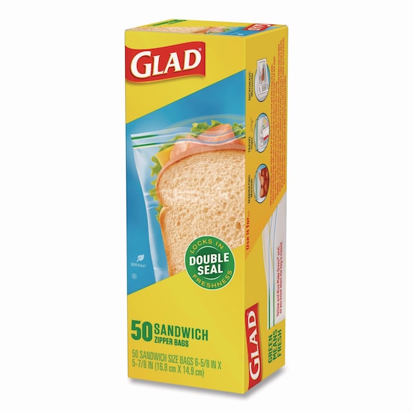 Glad Sandwich Zipper Bags, 6.63" x 8", Clear, PK600 PK - 57263