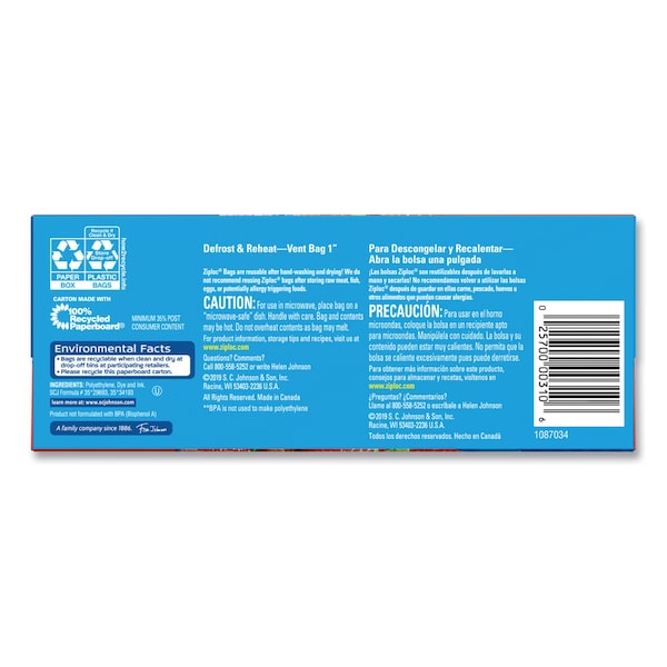 Ziploc Double Zipper Storage Bags, 1 qt, 1.75 mil, 9.63" x 8.5", Clear, PK432 PK - 314469