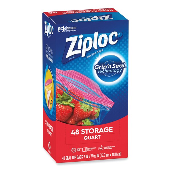 Ziploc Double Zipper Storage Bags, 1 qt, 1.75 mil, 9.63" x 8.5", Clear, PK432 PK - 314469