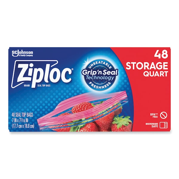 Ziploc Double Zipper Storage Bags, 1 qt, 1.75 mil, 9.63" x 8.5", Clear, PK432 PK - 314469