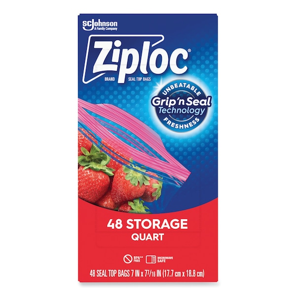 Ziploc Double Zipper Storage Bags, 1 qt, 1.75 mil, 9.63" x 8.5", Clear, PK432 PK - 314469