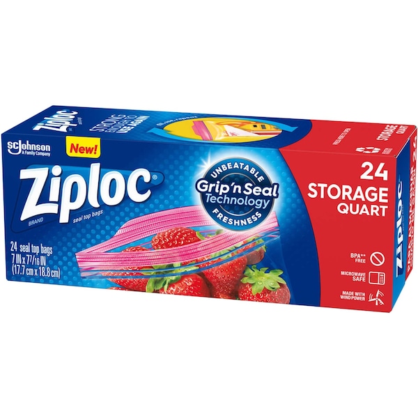 Ziploc Double Zipper Storage Bags, 1 qt, 1.75 mil, 9.63" x 8.5", Clear, PK432 PK - 314469