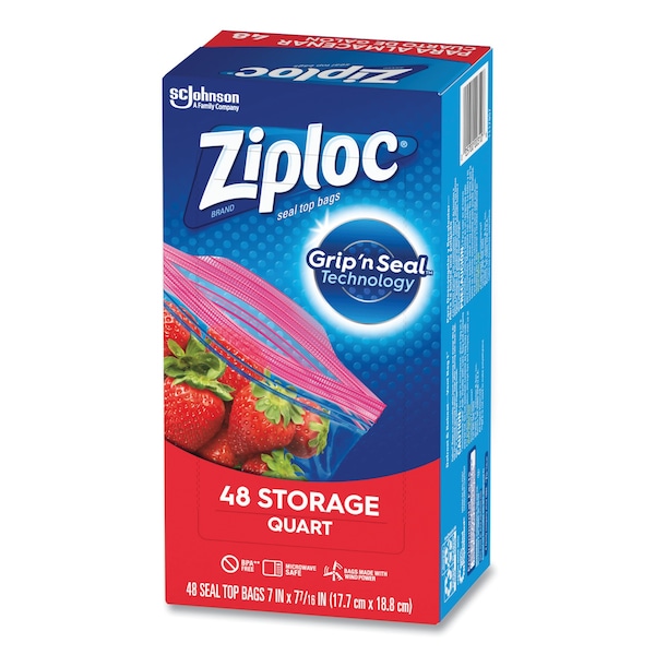 Ziploc Double Zipper Storage Bags, 1 qt, 1.75 mil, 9.63" x 8.5", Clear, PK432 PK - 314469