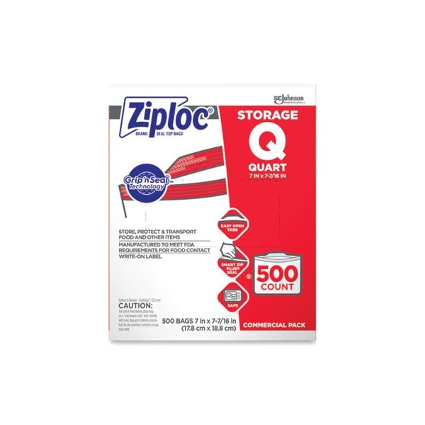 Sc Johnson Ziploc, DOUBLE ZIPPER STORAGE BAGS, 1 QT, 1.75 MIL, 7in X 7.75in, CLEAR, 500/BOX - 682256