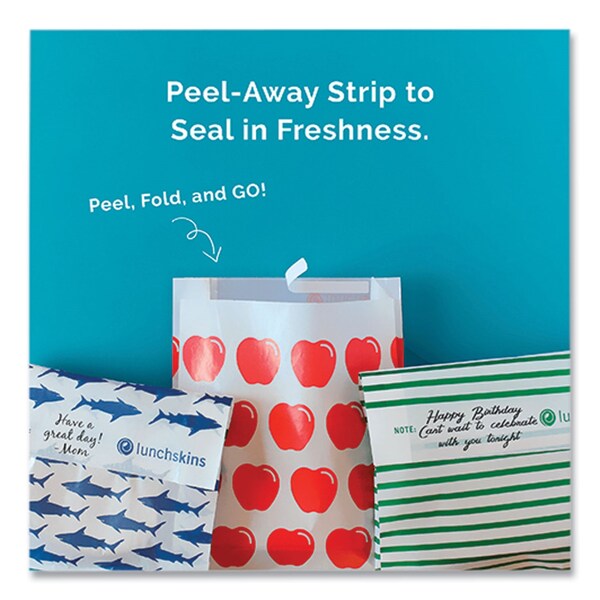Lunchskins Peel and Seal Sandwich Bag with Closure Strip, 6.3in x 2in x 7.9in, Blue Sharks/White, 50PK - 854735005904
