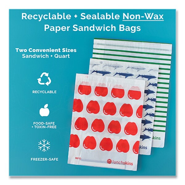 Lunchskins Peel and Seal Sandwich Bag with Closure Strip, 6.3in x 2in x 7.9in, Blue Sharks/White, 50PK - 854735005904
