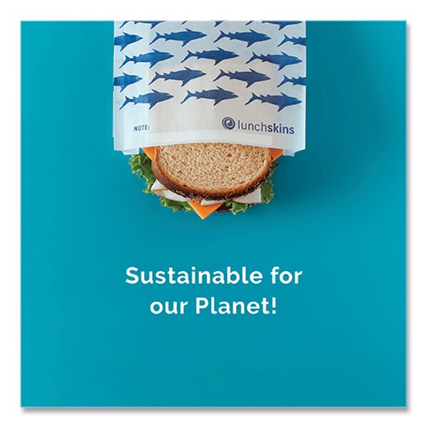Lunchskins Peel and Seal Sandwich Bag with Closure Strip, 6.3in x 2in x 7.9in, Blue Sharks/White, 50PK - 854735005904