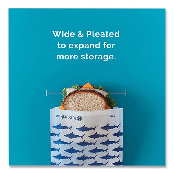 Lunchskins Peel and Seal Sandwich Bag with Closure Strip, 6.3in x 2in x 7.9in, Blue Sharks/White, 50PK - 854735005904