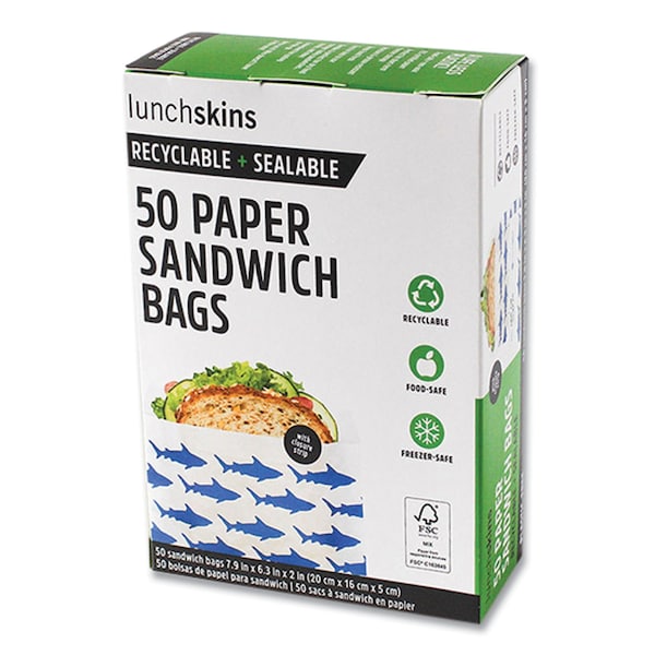 Lunchskins Peel and Seal Sandwich Bag with Closure Strip, 6.3in x 2in x 7.9in, Blue Sharks/White, 50PK - 854735005904