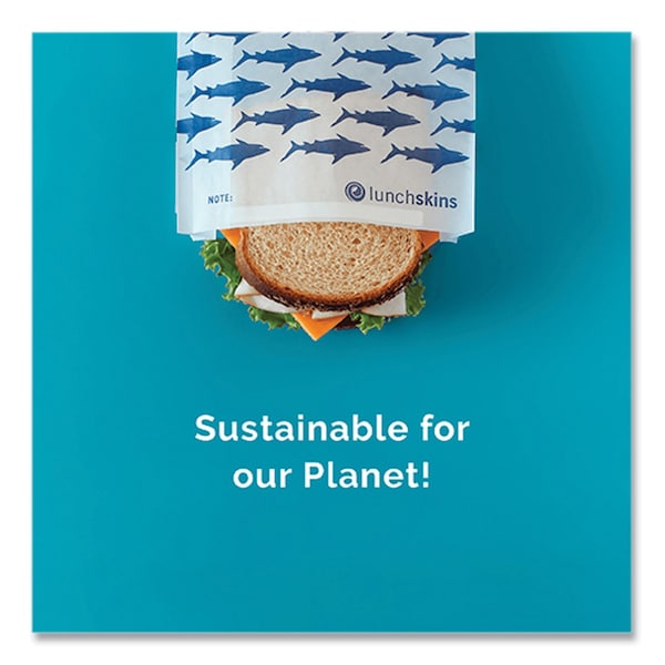 Lunchskins Peel and Seal Sandwich Bag with Closure Strip, 6.3in x 2in x 7.9in, Blue Sharks/White, 50PK - 854735005904