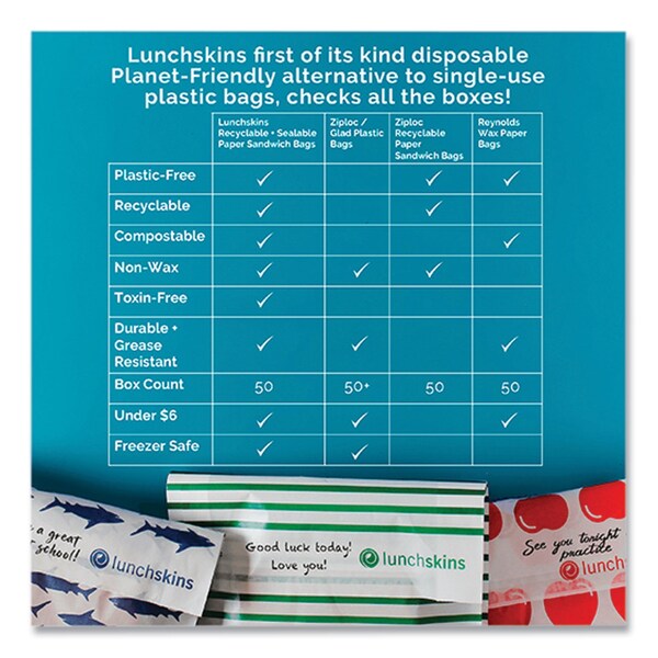 Lunchskins Peel and Seal Sandwich Bag with Closure Strip, 6.3in x 2in x 7.9in, Blue Sharks/White, 50PK - 854735005904