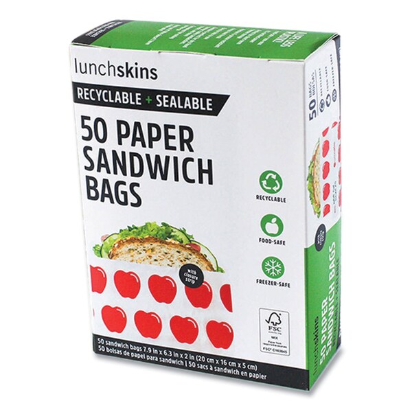 Lunchskins Peel and Seal Sandwich Bag with Closure Strip, 6.3in x 2in x 7.9in, Red Apples/White, 50PK - 854735005911