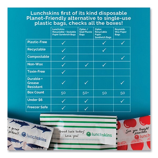 Lunchskins Peel and Seal Sandwich Bag with Closure Strip, 6.3in x 2in x 7.9in, Red Apples/White, 50PK - 854735005911