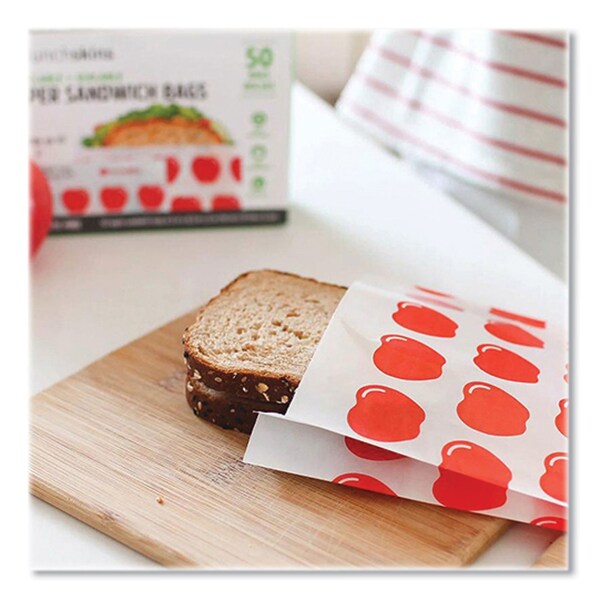 Lunchskins Peel and Seal Sandwich Bag with Closure Strip, 6.3in x 2in x 7.9in, Red Apples/White, 50PK - 854735005911