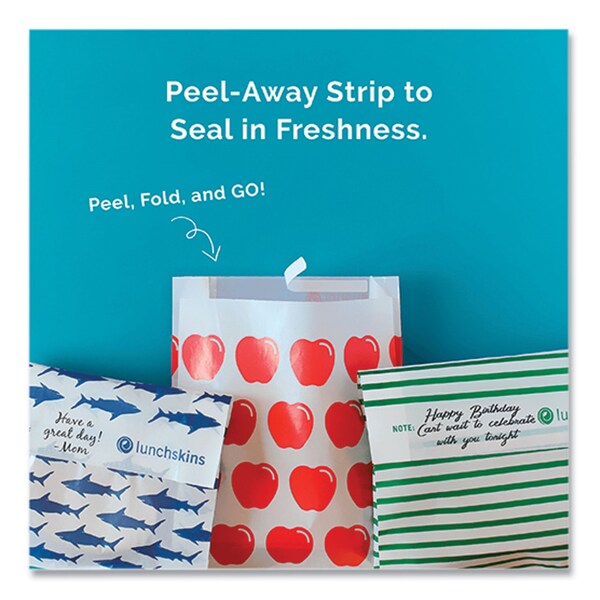 Lunchskins Peel and Seal Sandwich Bag with Closure Strip, 6.3in x 2in x 7.9in, Red Apples/White, 50PK - 854735005911