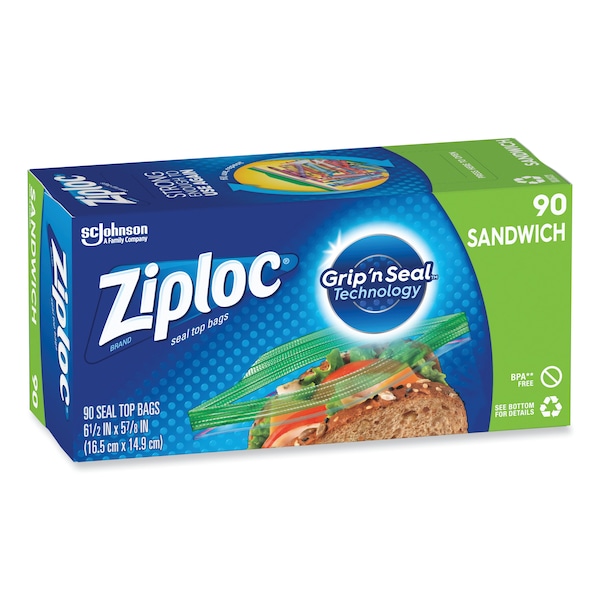 Ziploc Resealable Sandwich Bags, 1.2 mil, 6.5 in. x 5.88 in., Clear, PK1080, 1080PK - 664545