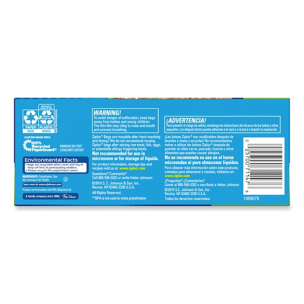 Ziploc Resealable Sandwich Bags, 1.2 mil, 6.5 in. x 5.88 in., Clear, PK1080, 1080PK - 664545