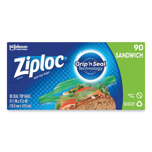 Ziploc Resealable Sandwich Bags, 1.2 mil, 6.5 in. x 5.88 in., Clear, PK1080, 1080PK - 664545