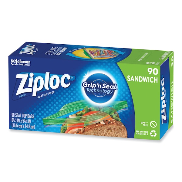 Ziploc Resealable Sandwich Bags, 1.2 mil, 6.5 in. x 5.88 in., Clear, PK1080, 1080PK - 664545