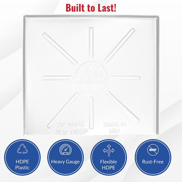American Built Pro Dishwasher Drain Pan - Open-Ended Directs Wtr Upfront for Leak Detection  - 24 inch x 20.5 inch, Wht - DWP-1W
