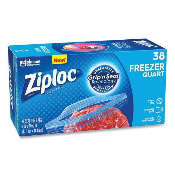 Ziploc Double Zipper Freezer Bags, 1 qt, 2.7 mil, 6.97" x 7.7", Clear, PK9 PK - 314444