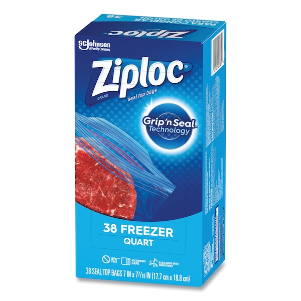 Ziploc Double Zipper Freezer Bags, 1 qt, 2.7 mil, 6.97" x 7.7", Clear, PK9 PK - 314444