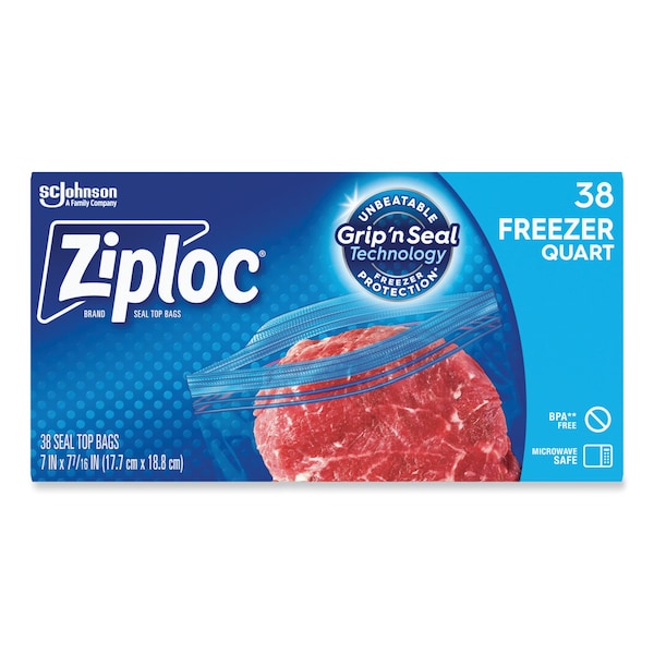 Ziploc Double Zipper Freezer Bags, 1 qt, 2.7 mil, 6.97" x 7.7", Clear, PK9 PK - 314444