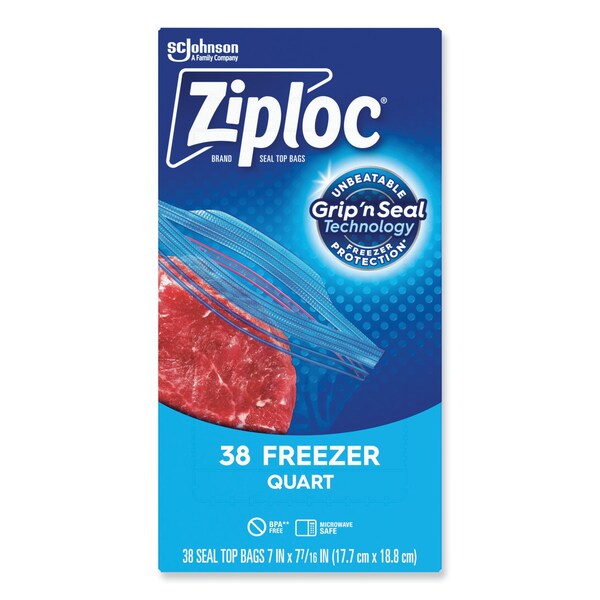 Ziploc Double Zipper Freezer Bags, 1 qt, 2.7 mil, 6.97" x 7.7", Clear, PK9 PK - 314444