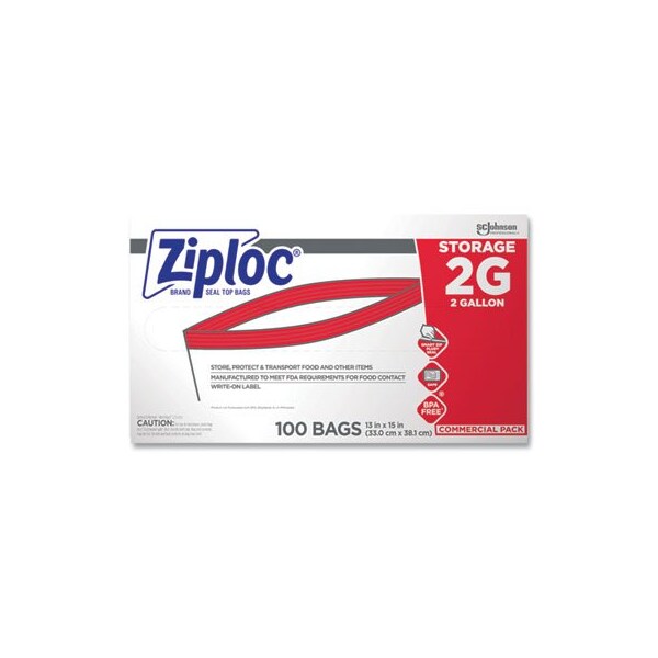 Sc Johnson Ziploc, DOUBLE ZIPPER STORAGE BAGS, 2 GAL, 1.75 MIL, 15in X 13in, CLEAR, 100/CARTON, PK100 - 682253
