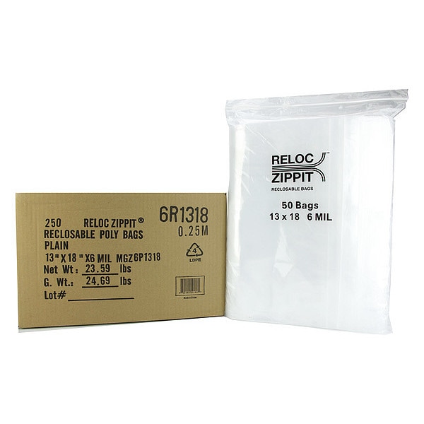Reloc Zippit Bag, Poly, Reclosable, 6 mil, 13"x 18", PK250 - 6R1318