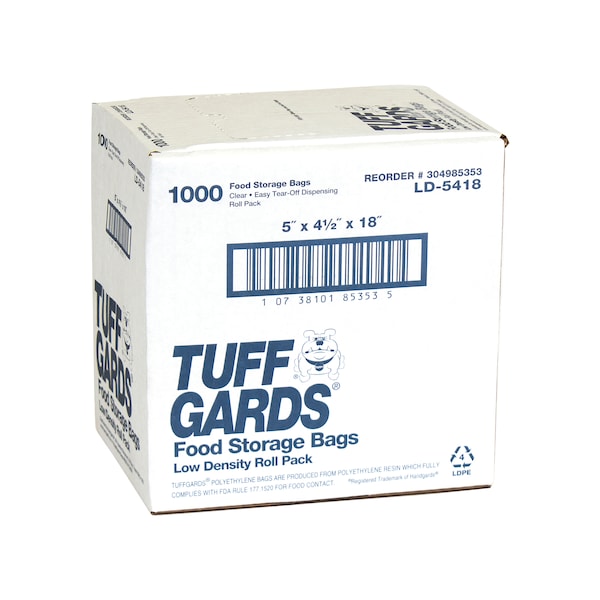 Tuffgards 5"x4.5"x18" .6 mil Low Density Roll Pack Clear Food Storage Bag, PK1000 - 304985353