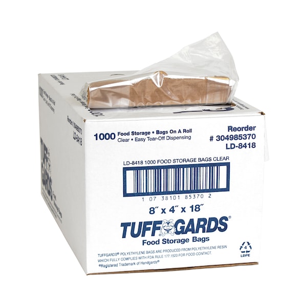 Tuffgards Low Density Poly Roll Pack 8"x4"x18" Clear Food Storage Bag, PK1000 - 304985370