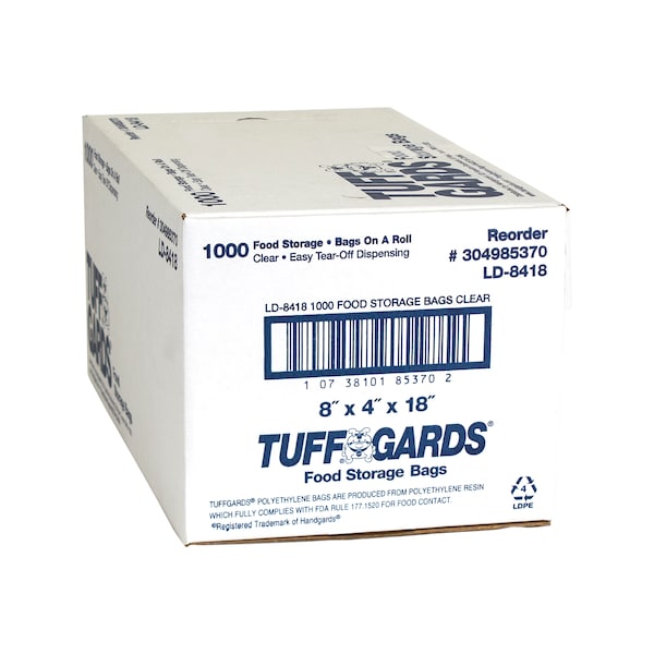 Tuffgards Low Density Poly Roll Pack 8"x4"x18" Clear Food Storage Bag, PK1000 - 304985370