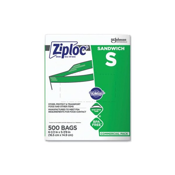 Sc Johnson Ziploc, RESEALABLE SANDWICH BAGS, 1.2 MIL, 6.5in X 6in, CLEAR, 500/BOX - 682255