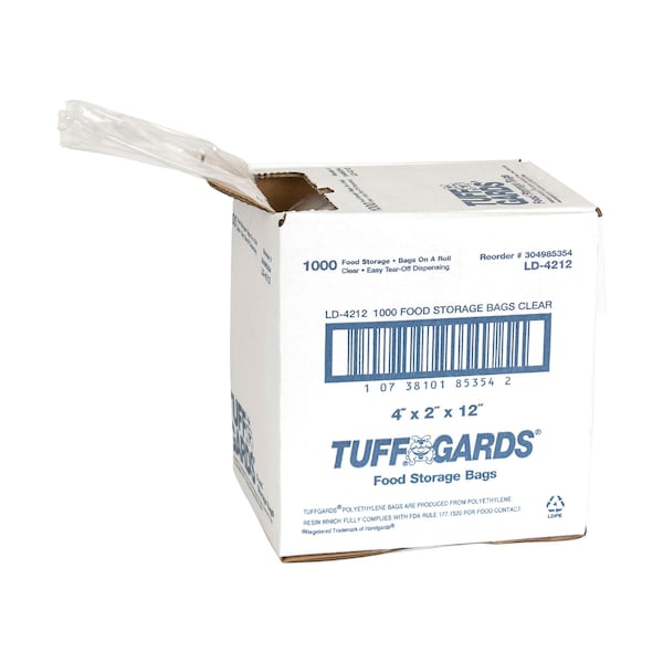 Tuffgards Handgards Tuffgards Low Density Poly Roll 4"x2"x12" Food Bag, PK1000 - 304985354
