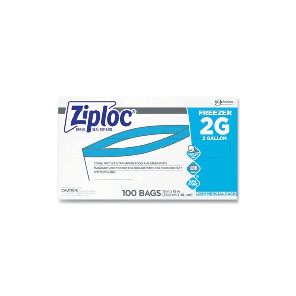 Sc Johnson Ziploc, DOUBLE ZIPPER FREEZER BAGS, 2 GAL, 2.7 MIL, 13in X 15.5in, CLEAR, 100/CARTON, PK100 - 682254