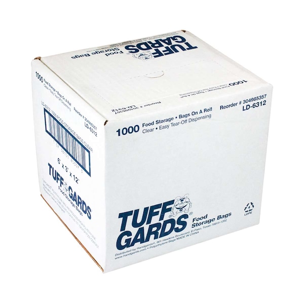 Tuffgards 6"x3"x12" .6 mil Low Density Roll Pack Clear Food Storage Bag, PK1000 - 304985357
