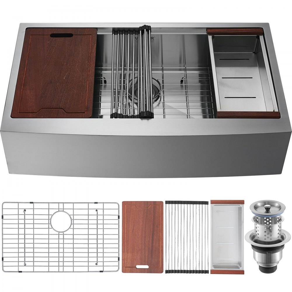 VEVOR Farmhouse Kitchen Sink, 304 Stainless Steel Drop-In Sinks, Single Bowl Basin with Ledge & Accessories, Household Dishwasher Sinks for Workstation, Prep Kitchen, and Bar Sink, 33 inch - NSSC33YCYTJ02L4PRV0
