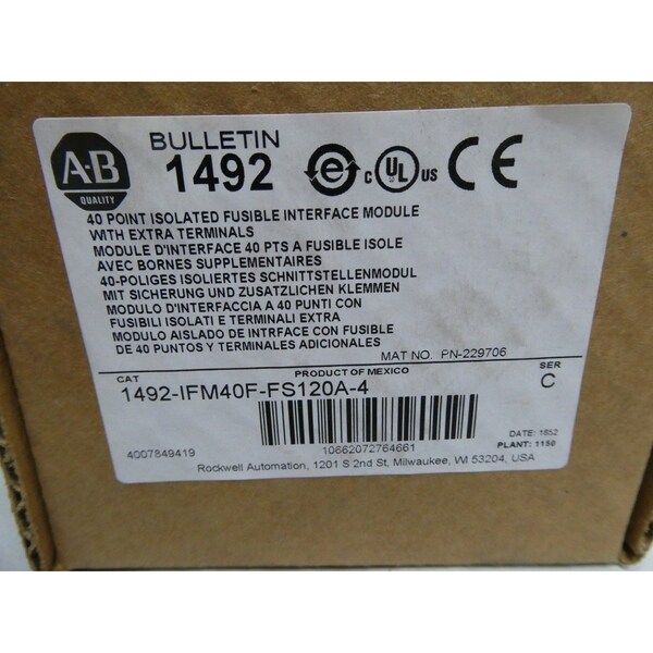 Interfaz fusible aislada de 40 puntos Allen Bradley SER C MÓDULO PLC Y DCS – 1492-IFM40F-FS120A-4