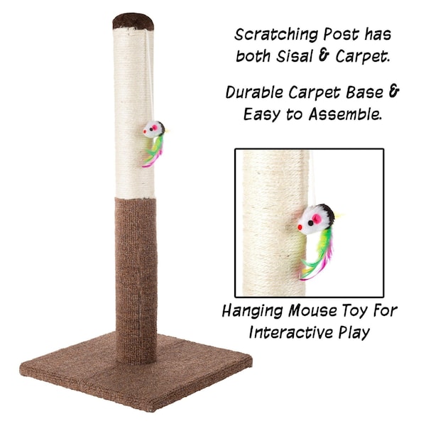 Pet Adobe Scratching Post with Sisal Rope, Toy, and Paw Shaped Base Interactive Play for Cats/Kitten, 24.5-inch - 559757CBO