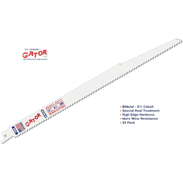 Gator Reciprocating Saw Blade 12 in. x 3/4 in. x 6tpi #12039-25, Heavy Duty Wood Cutting, 25PK - 12039-25