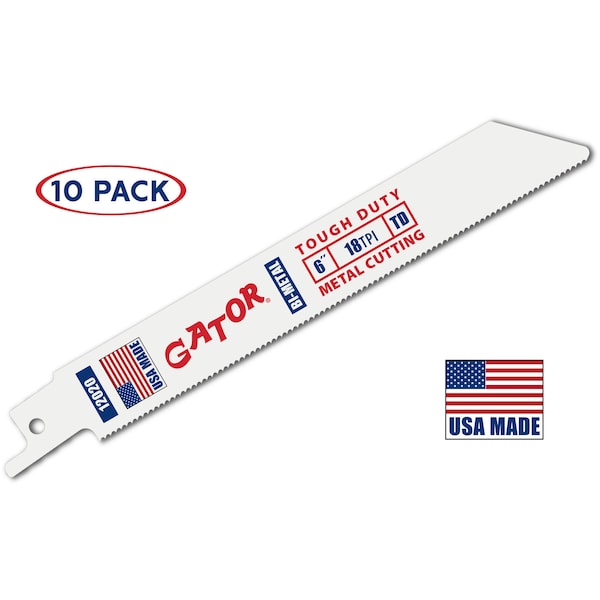 Gator Reciprocating Saw Blade 6 in. x 3/4 in. x 18tpi #12020-10, Tough Duty Metal Cutting, 10PK - 12020-10