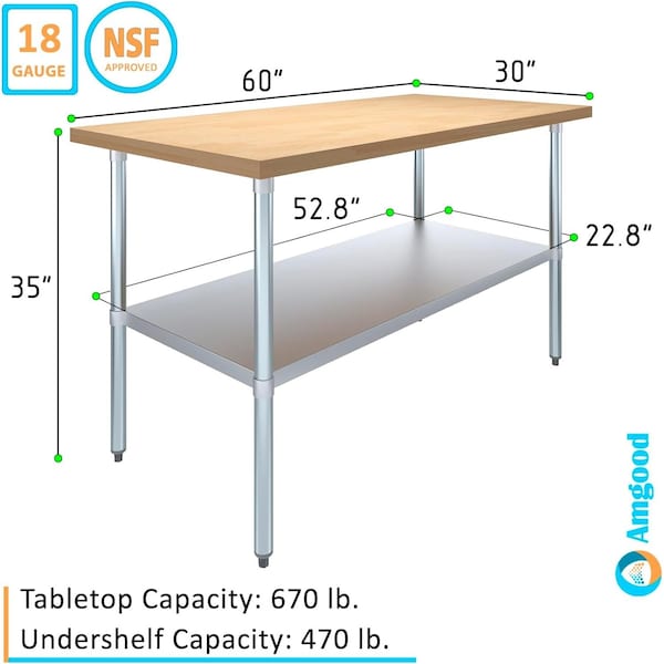 Amgood 30 in. x 60 in. Maple Wood Top Work Table with Adjustable Undershelf - MWWT-3060-Z