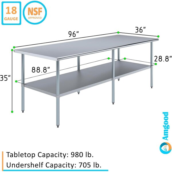 Amgood 36 in. x 96 in. Stainless Steel Table - WT-3696-Z
