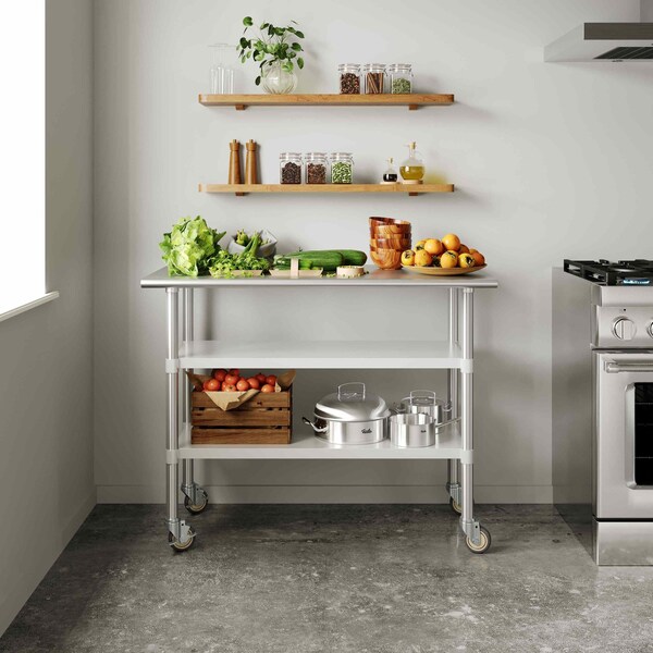 Flash Furniture Rawcliffe SS Work Table 24in. x 48in. w/1.5in. Backsplash, 2 Undershelves and 4 Casters, 2 Locking - NH-WT-GU-2448BSP-CAS-GG