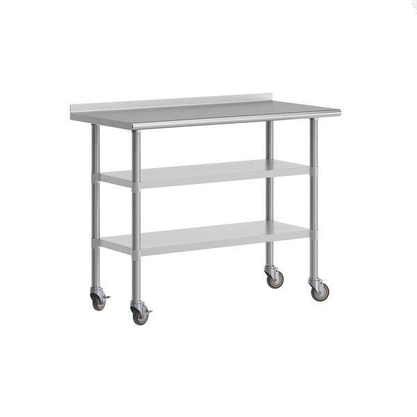 Flash Furniture Rawcliffe SS Work Table 24in. x 48in. w/1.5in. Backsplash, 2 Undershelves and 4 Casters, 2 Locking - NH-WT-GU-2448BSP-CAS-GG