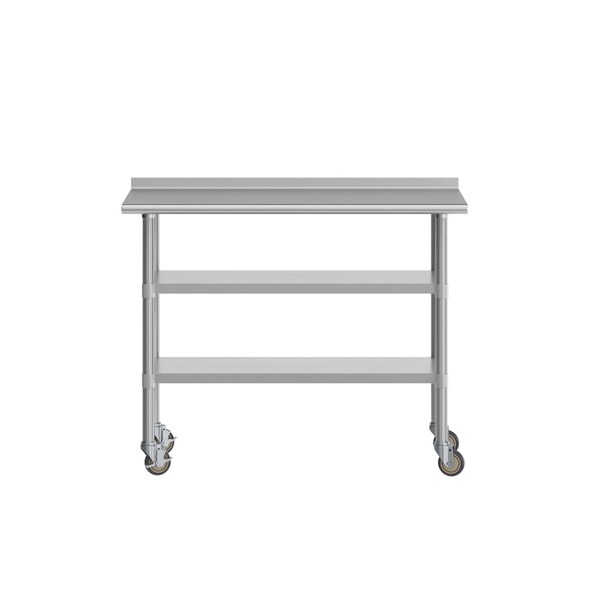 Flash Furniture Rawcliffe SS Work Table 24in. x 48in. w/1.5in. Backsplash, 2 Undershelves and 4 Casters, 2 Locking - NH-WT-GU-2448BSP-CAS-GG