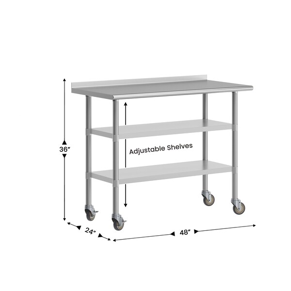 Flash Furniture Rawcliffe SS Work Table 24in. x 48in. w/1.5in. Backsplash, 2 Undershelves and 4 Casters, 2 Locking - NH-WT-GU-2448BSP-CAS-GG
